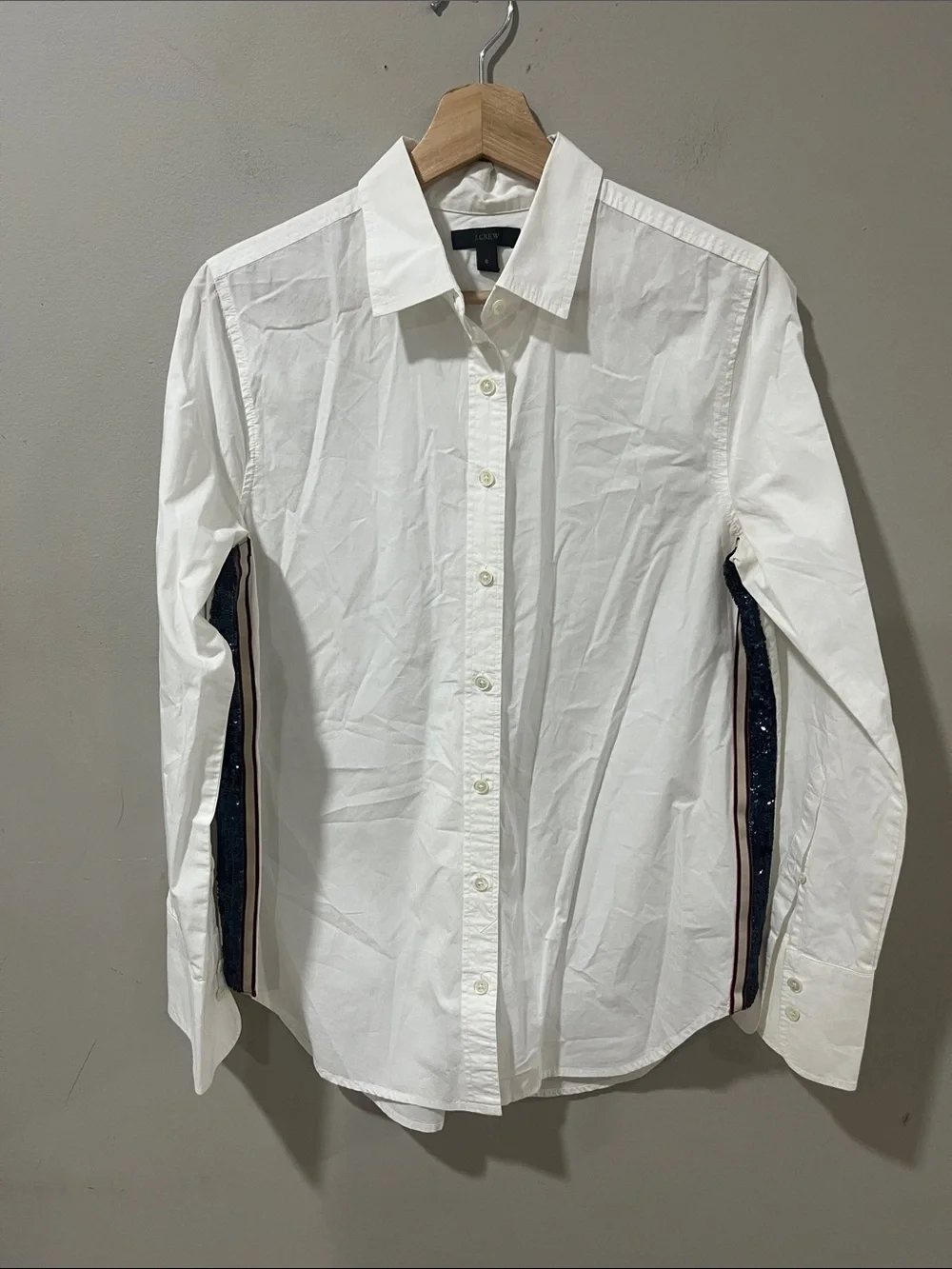 J. Crew White Button-Down Shirt with Navy Sequin Side Trim
